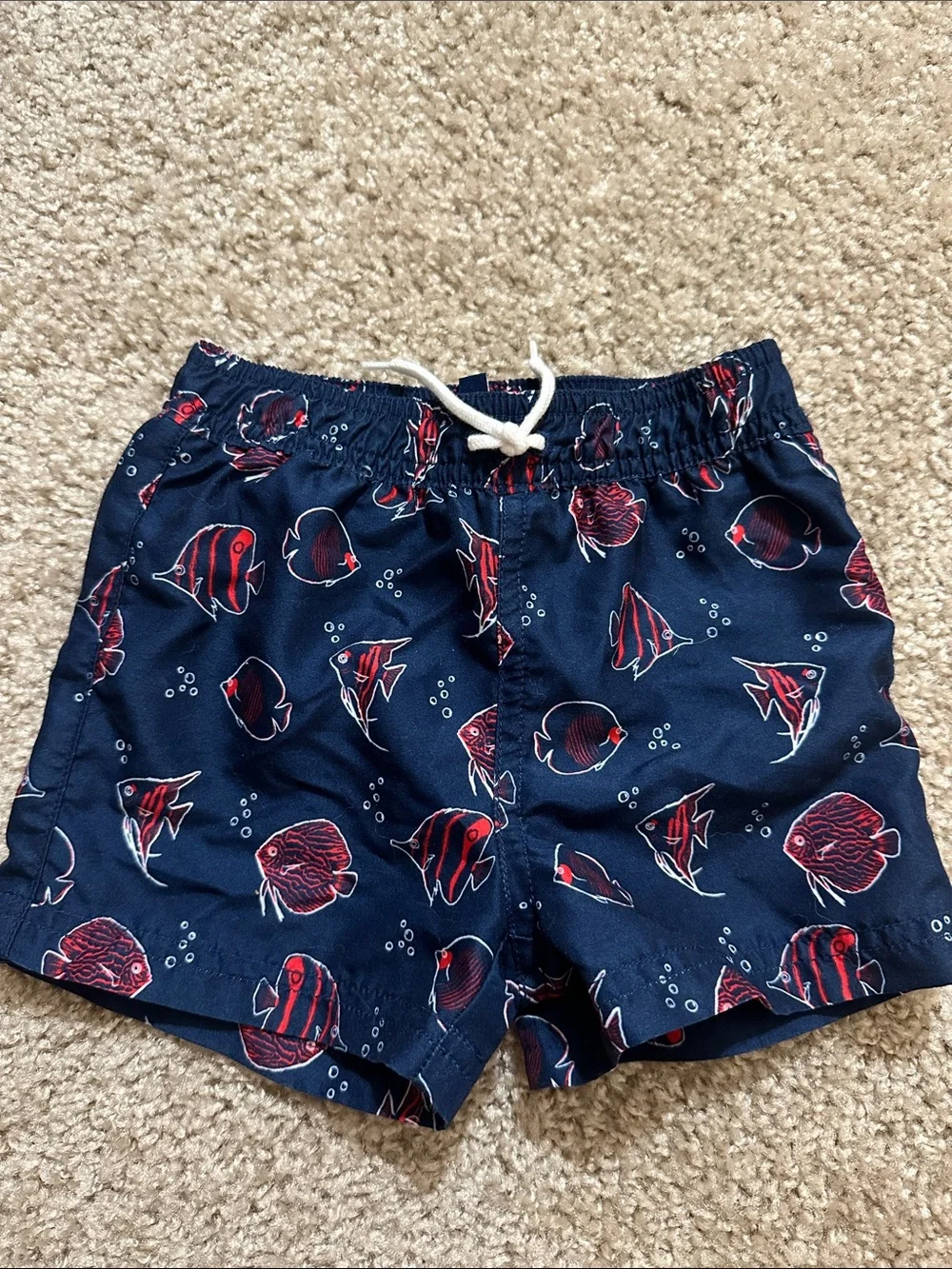 Janie and Jack Navy Swim Trunks with Red Fish Print